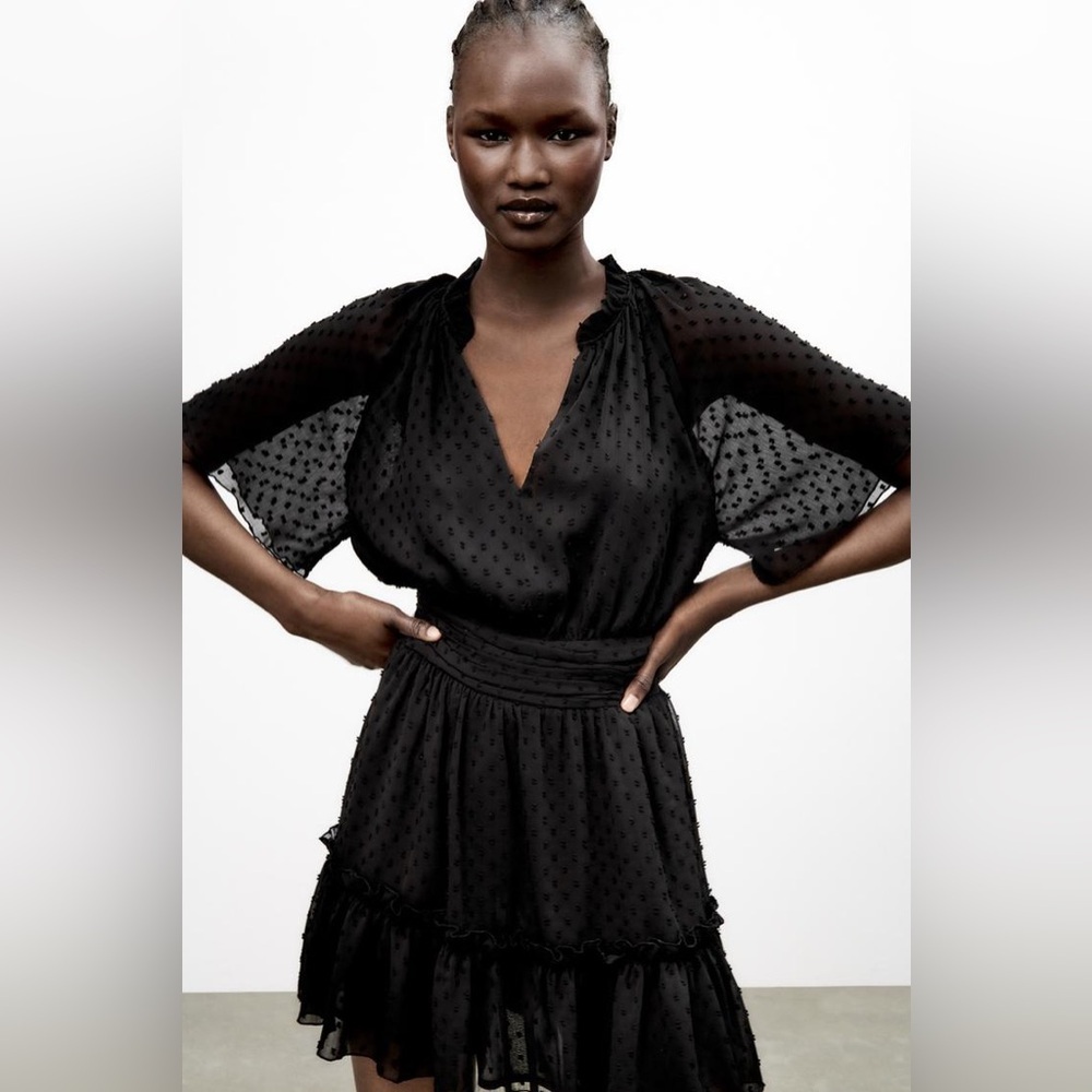 Zara Black Swiss Dot Ruffle Mini Dress Size S - Picture 7 of 14